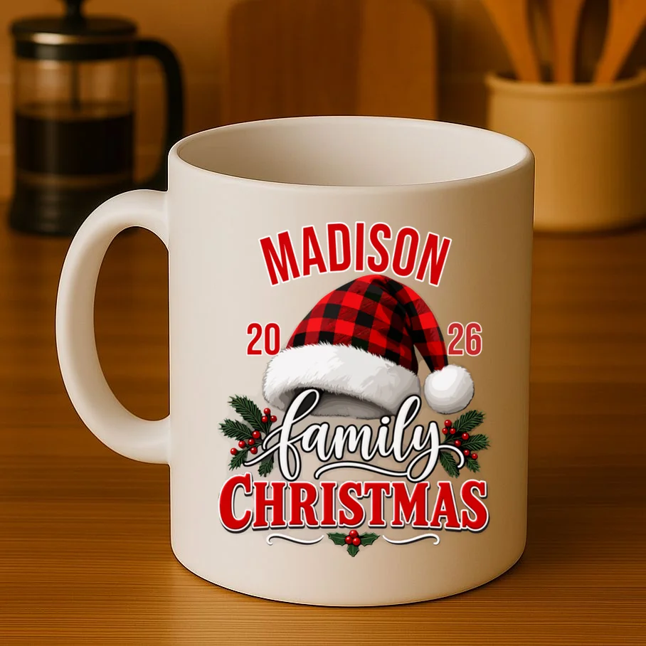 Family Christmas 2026 – Buffalo Plaid Santa Hat & Holly Holiday Design Mug - Front 3