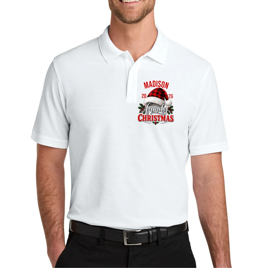 Family Christmas 2026 – Buffalo Plaid Santa Hat & Holly Holiday Design Men's Polo - Front 1