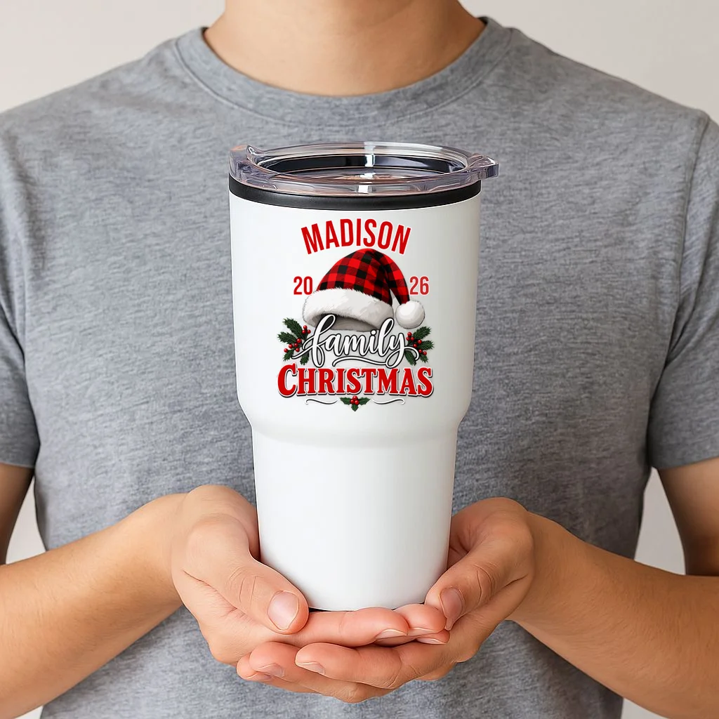 Family Christmas 2026 – Buffalo Plaid Santa Hat & Holly Holiday Design 20oz Tumbler - Front 1