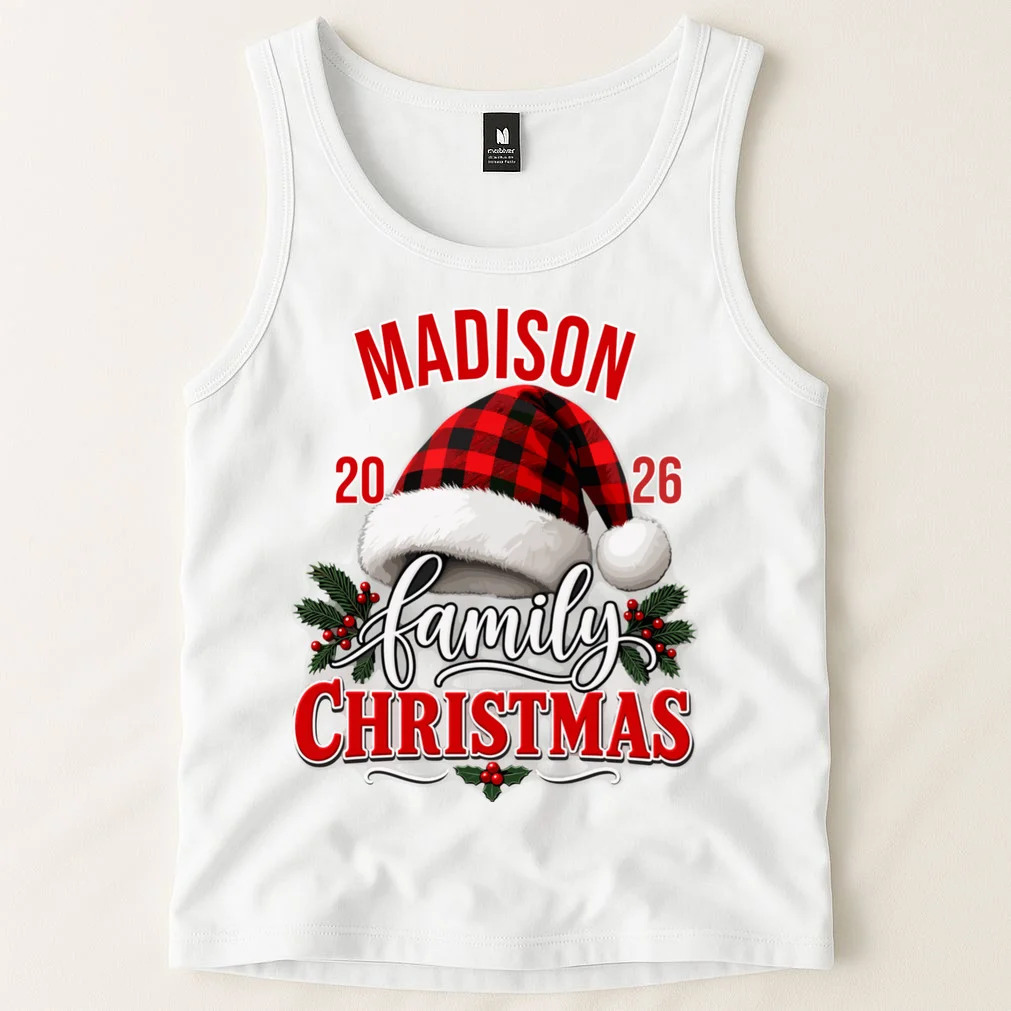 Family Christmas 2026 – Buffalo Plaid Santa Hat & Holly Holiday Design Men's Tank Top - Front 1
