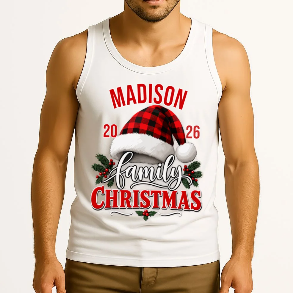 Family Christmas 2026 – Buffalo Plaid Santa Hat & Holly Holiday Design Men's Tank Top - Front 2