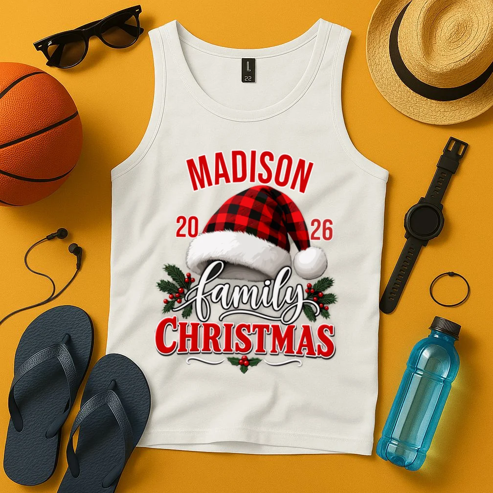 Family Christmas 2026 – Buffalo Plaid Santa Hat & Holly Holiday Design Men's Tank Top - Front 3