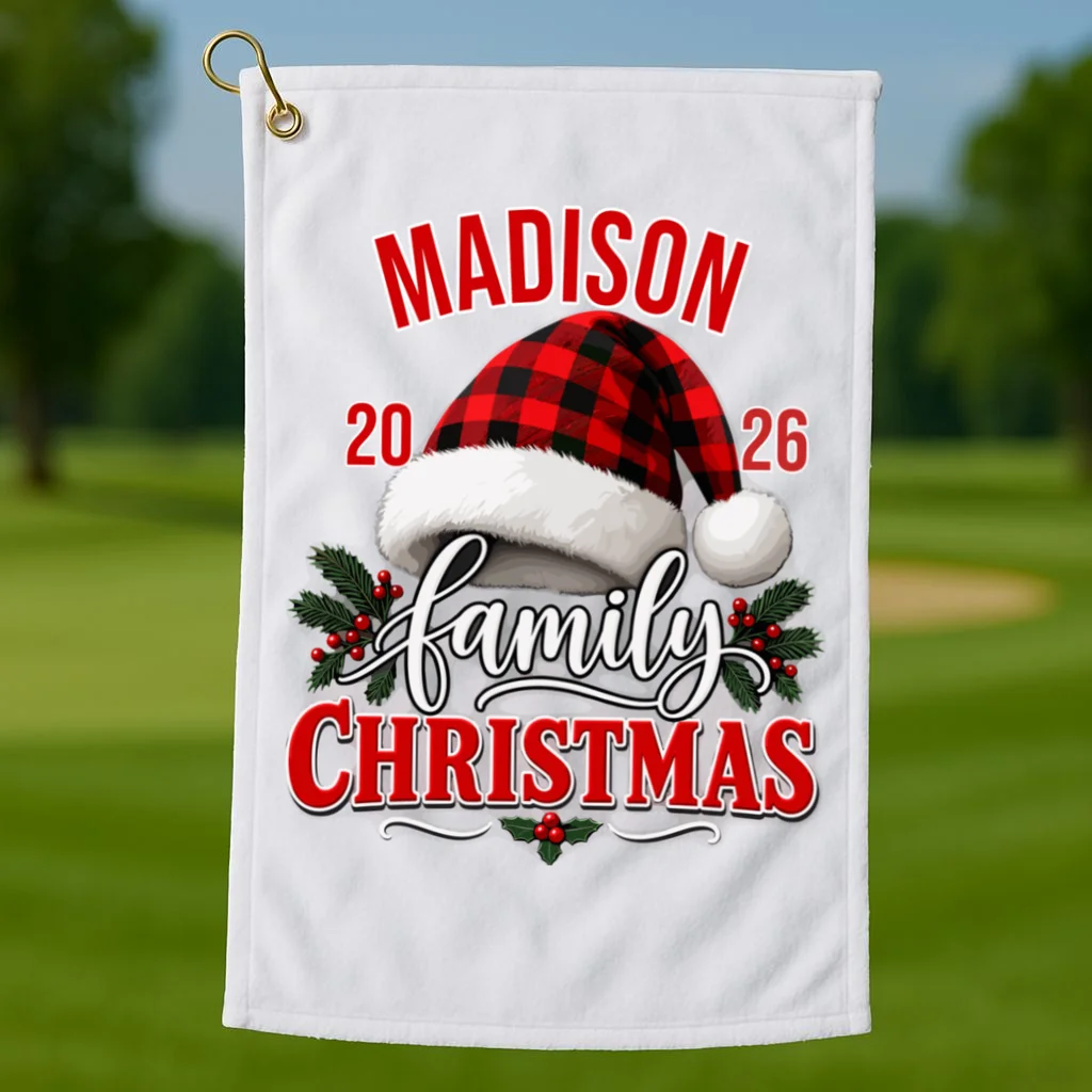Family Christmas 2026 – Buffalo Plaid Santa Hat & Holly Holiday Design Golf Towel - Front 1
