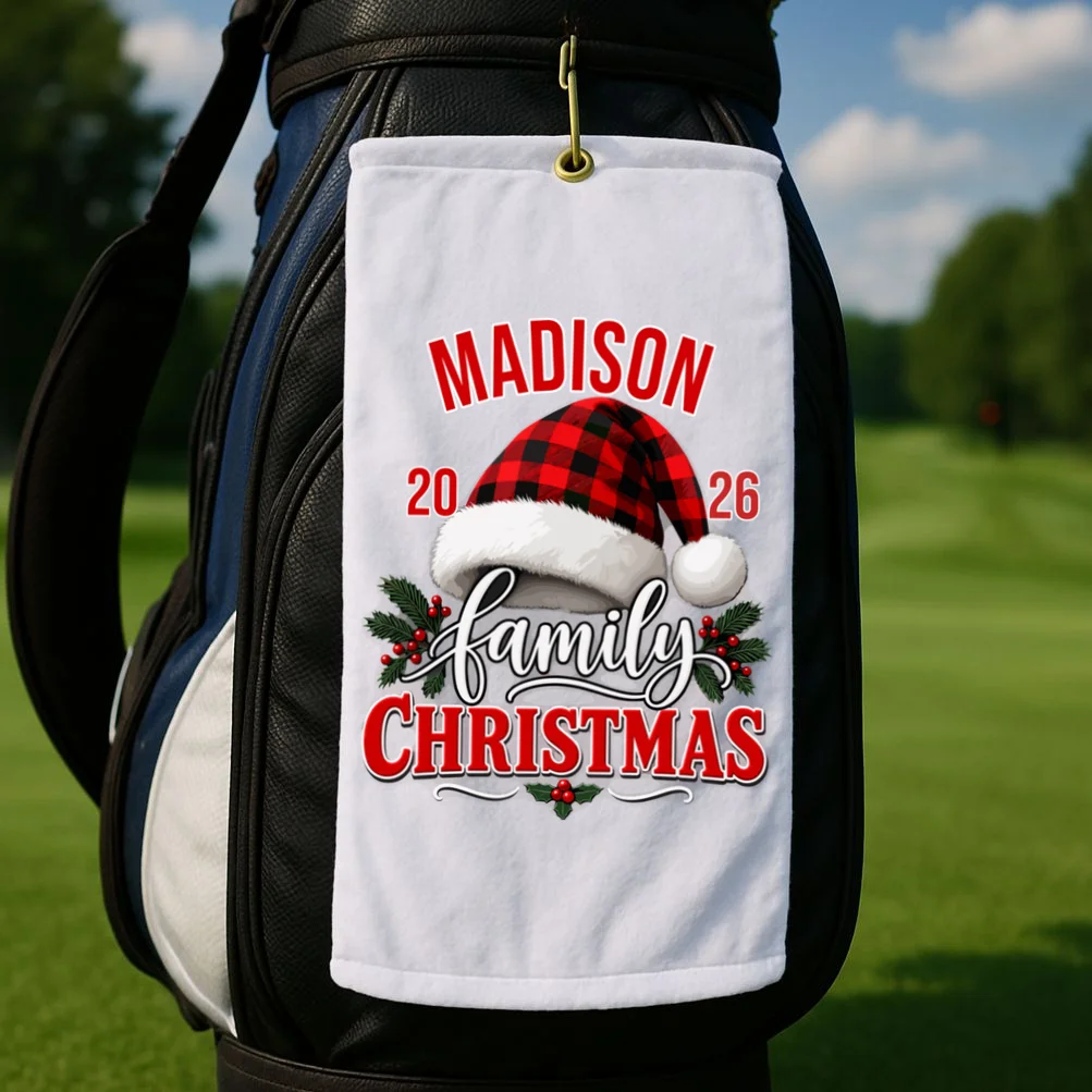 Family Christmas 2026 – Buffalo Plaid Santa Hat & Holly Holiday Design Golf Towel - Front 2