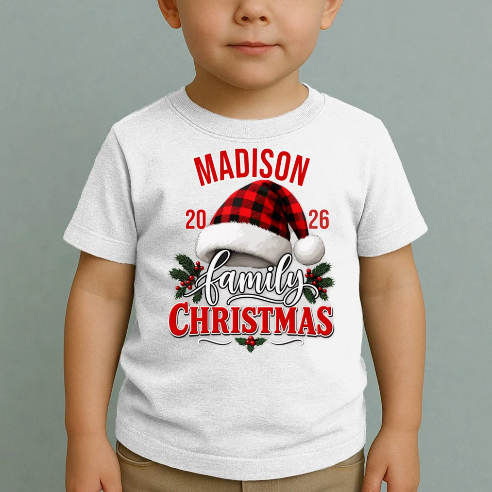 Family Christmas 2026 – Buffalo Plaid Santa Hat & Holly Holiday Design Toddler T-Shirt - Front 1