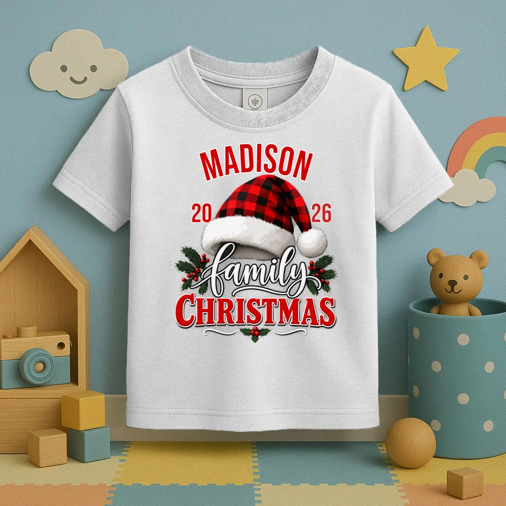 Family Christmas 2026 – Buffalo Plaid Santa Hat & Holly Holiday Design Toddler T-Shirt - Front 2