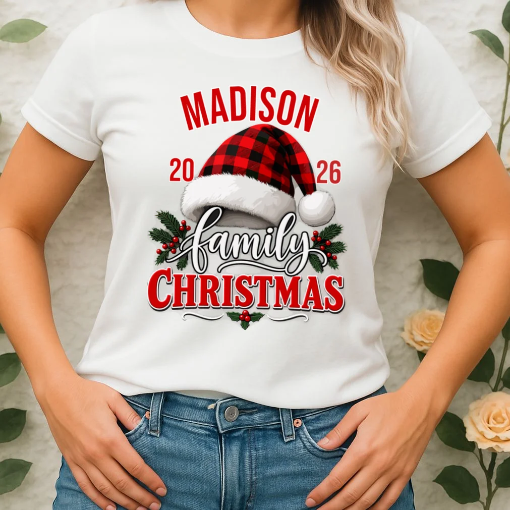 Family Christmas 2026 – Buffalo Plaid Santa Hat & Holly Holiday Design Women's T-Shirt - Front 1
