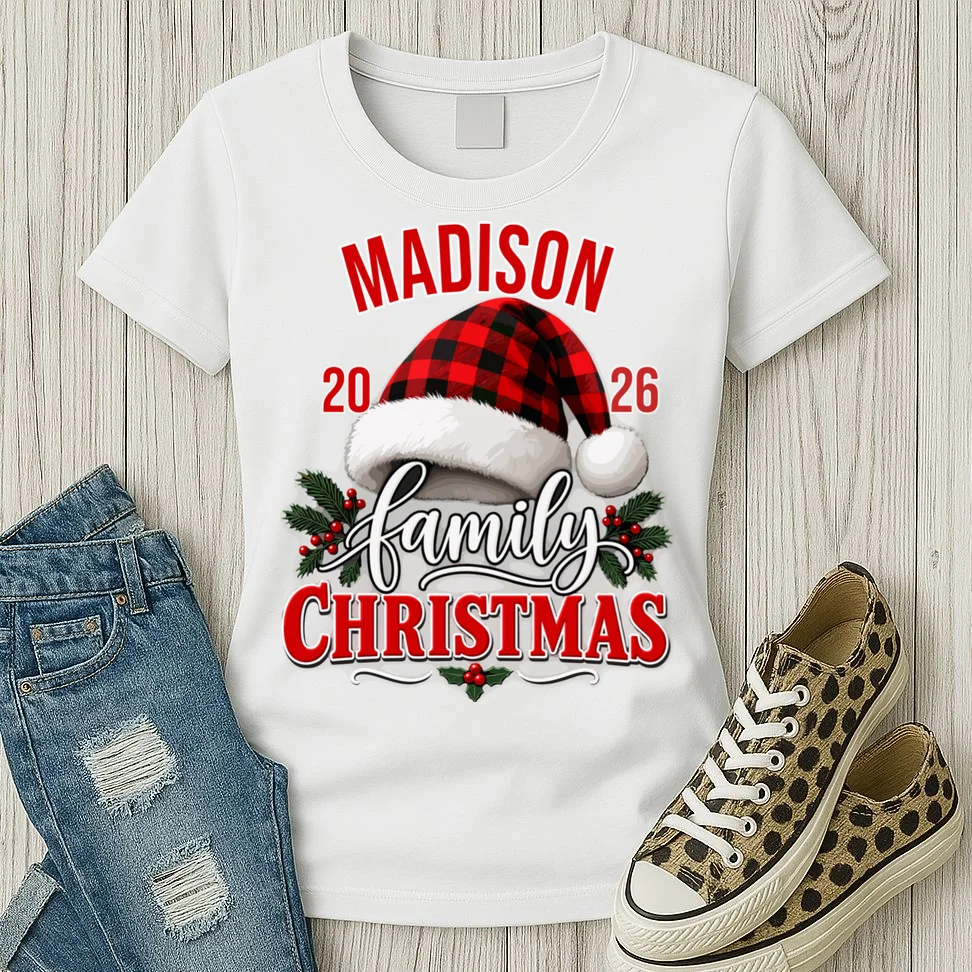 Family Christmas 2026 – Buffalo Plaid Santa Hat & Holly Holiday Design Women's T-Shirt - Front 2