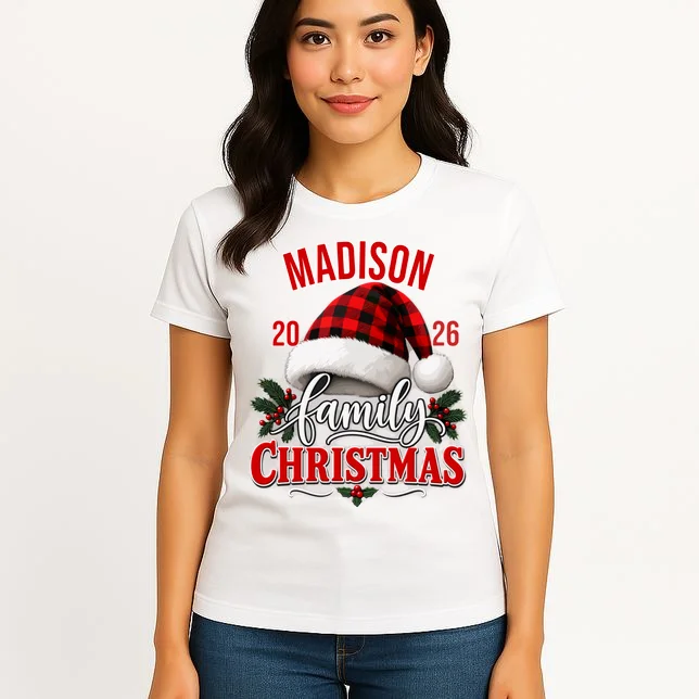 Family Christmas 2026 – Buffalo Plaid Santa Hat & Holly Holiday Design Women's T-Shirt - Front 3