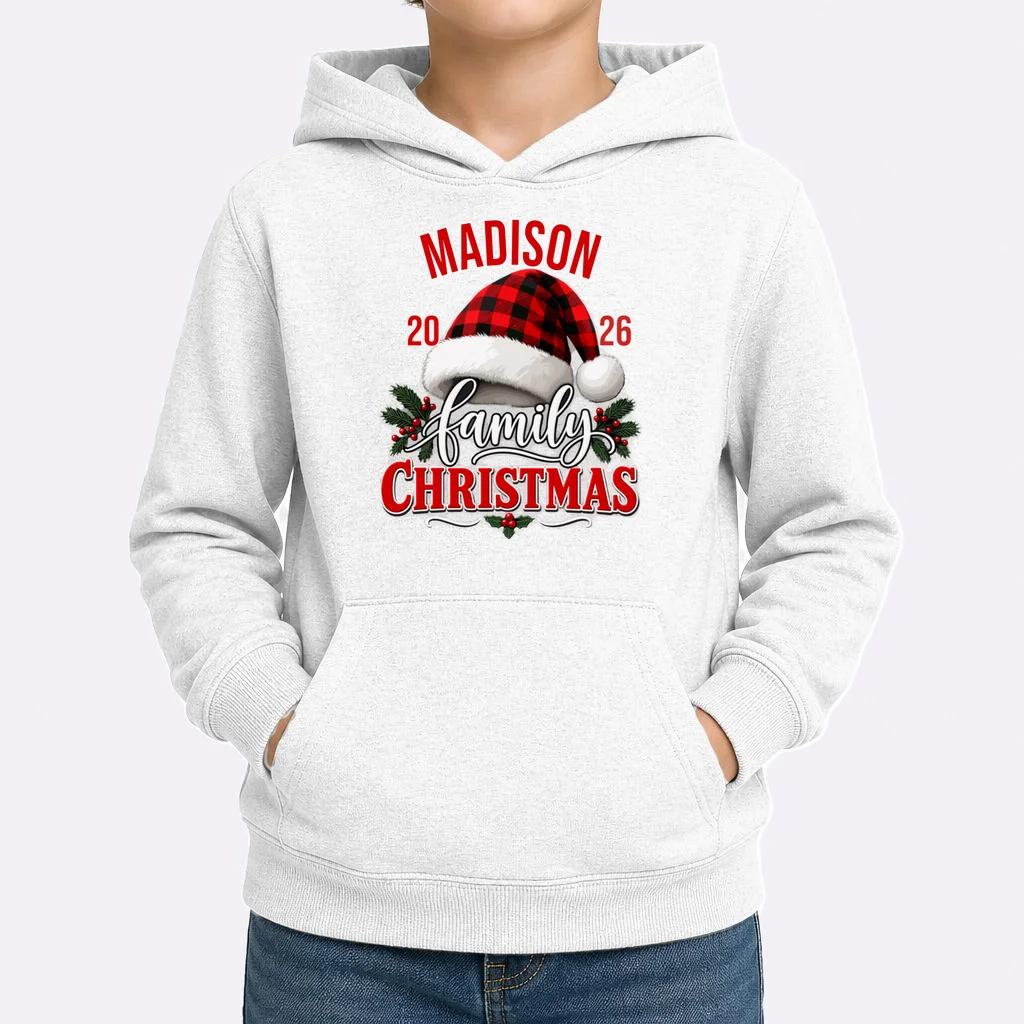 Family Christmas 2026 – Buffalo Plaid Santa Hat & Holly Holiday Design Kids Hoodie - Front 1