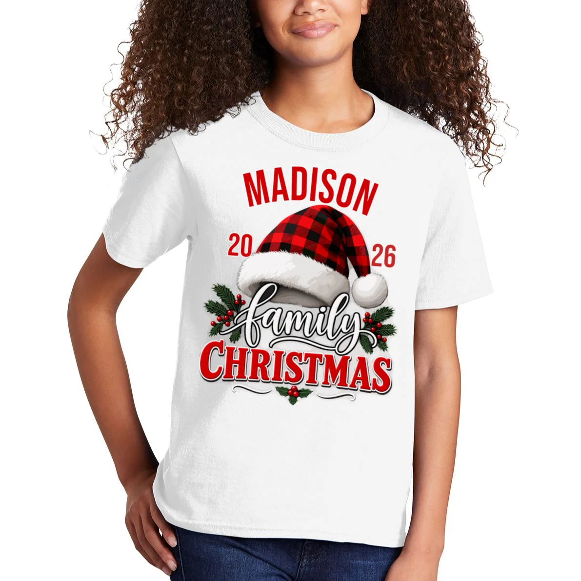 Family Christmas 2026 – Buffalo Plaid Santa Hat & Holly Holiday Design Kids T-Shirt - Front 1