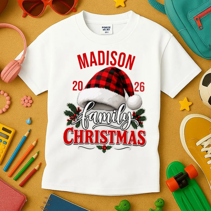 Family Christmas 2026 – Buffalo Plaid Santa Hat & Holly Holiday Design Kids T-Shirt - Front 2