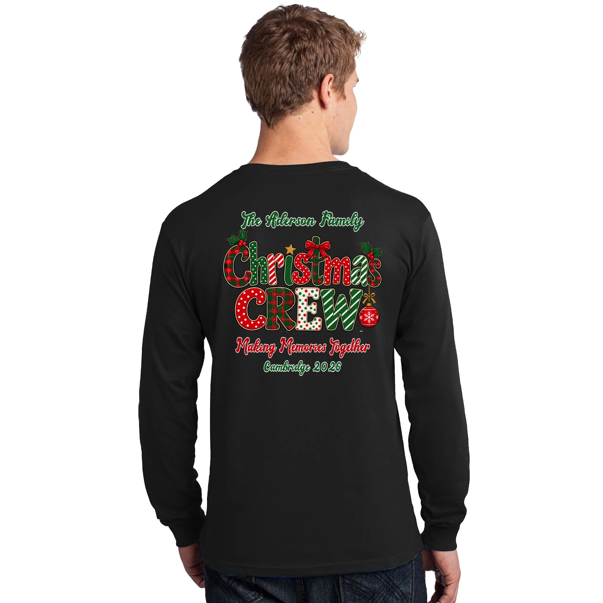 Family Christmas Crew Making Memories Together 2026 Men's Long Sleeve Shirt - Back - Close-up