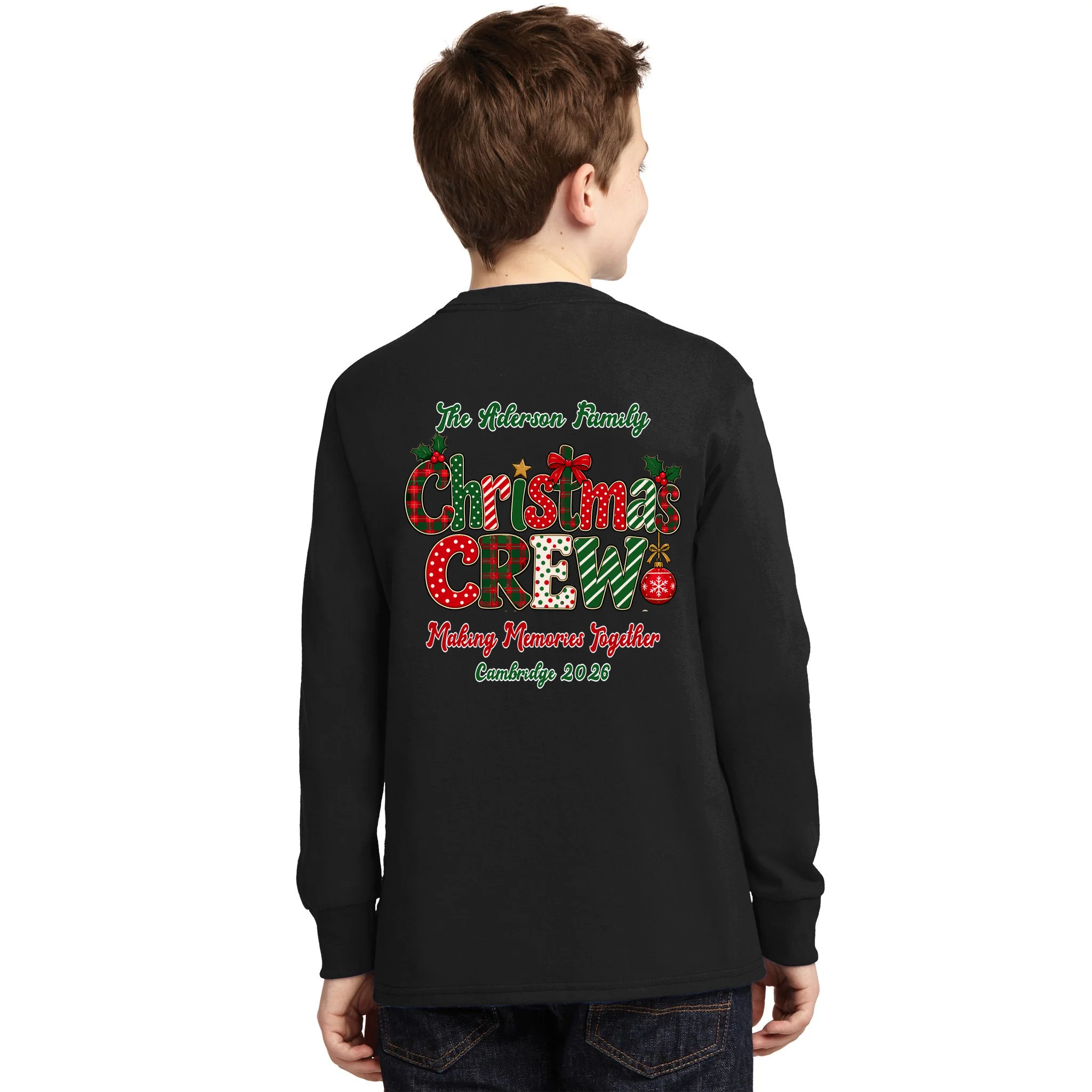 Family Christmas Crew Making Memories Together 2026 Kids Long Sleeve Shirt - Back - Close-up