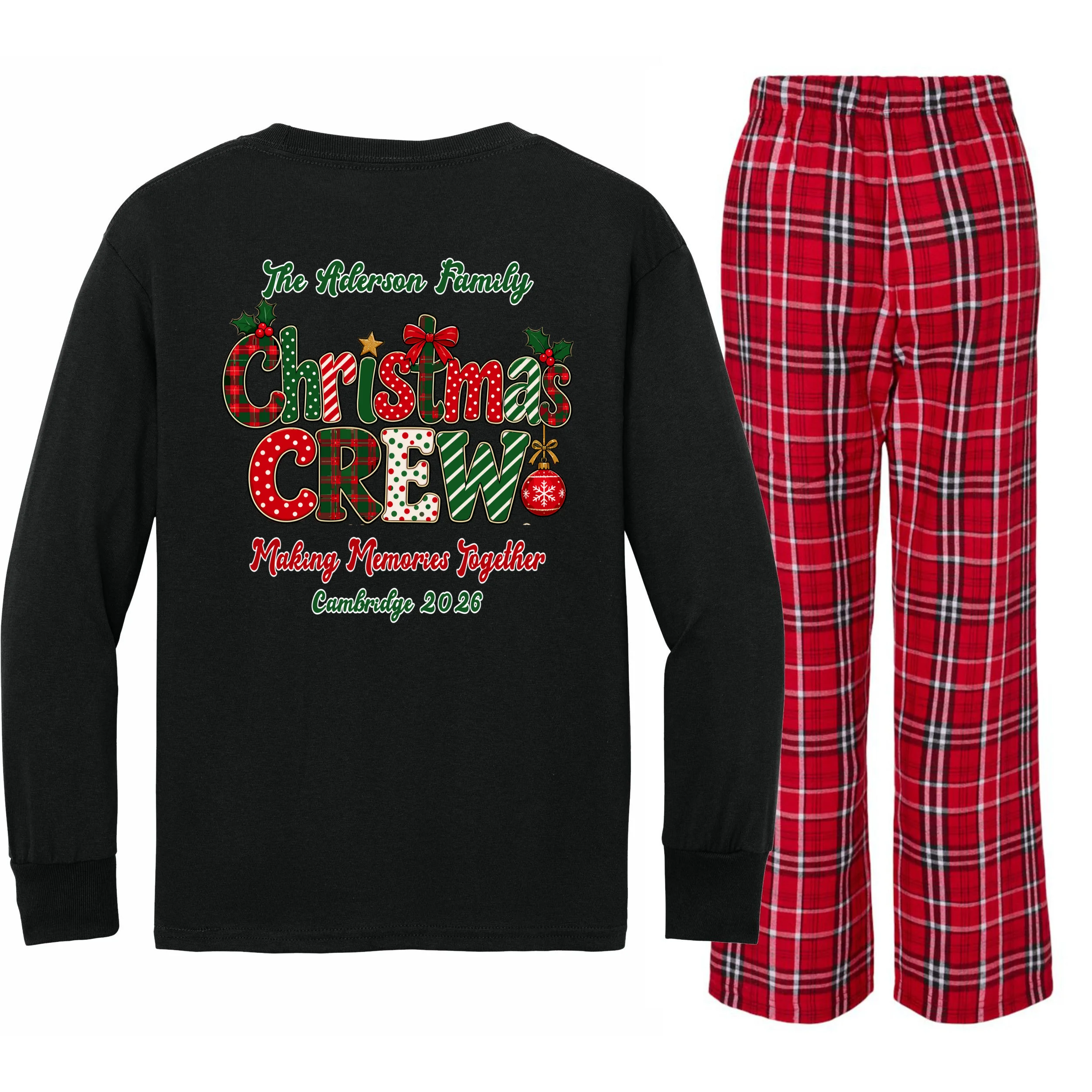 Family Christmas Crew Making Memories Together 2026 Kids Long Sleeve Pajamas - Back - Close-up