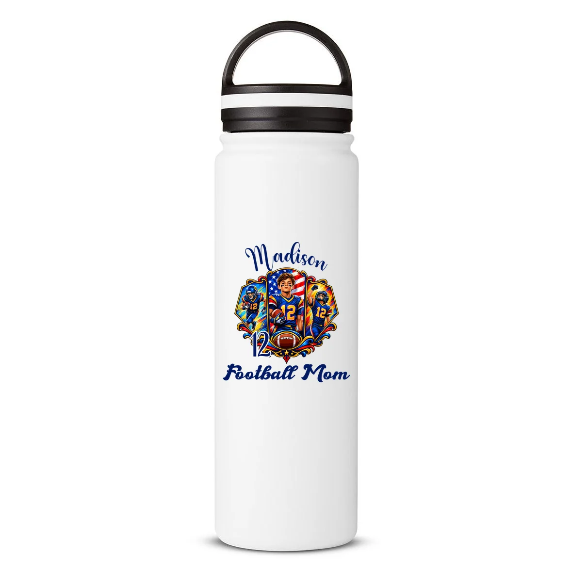Personalized Football Championship Spirit Graphic -  Custom Name & Number Design 24oz Water Bottle Front