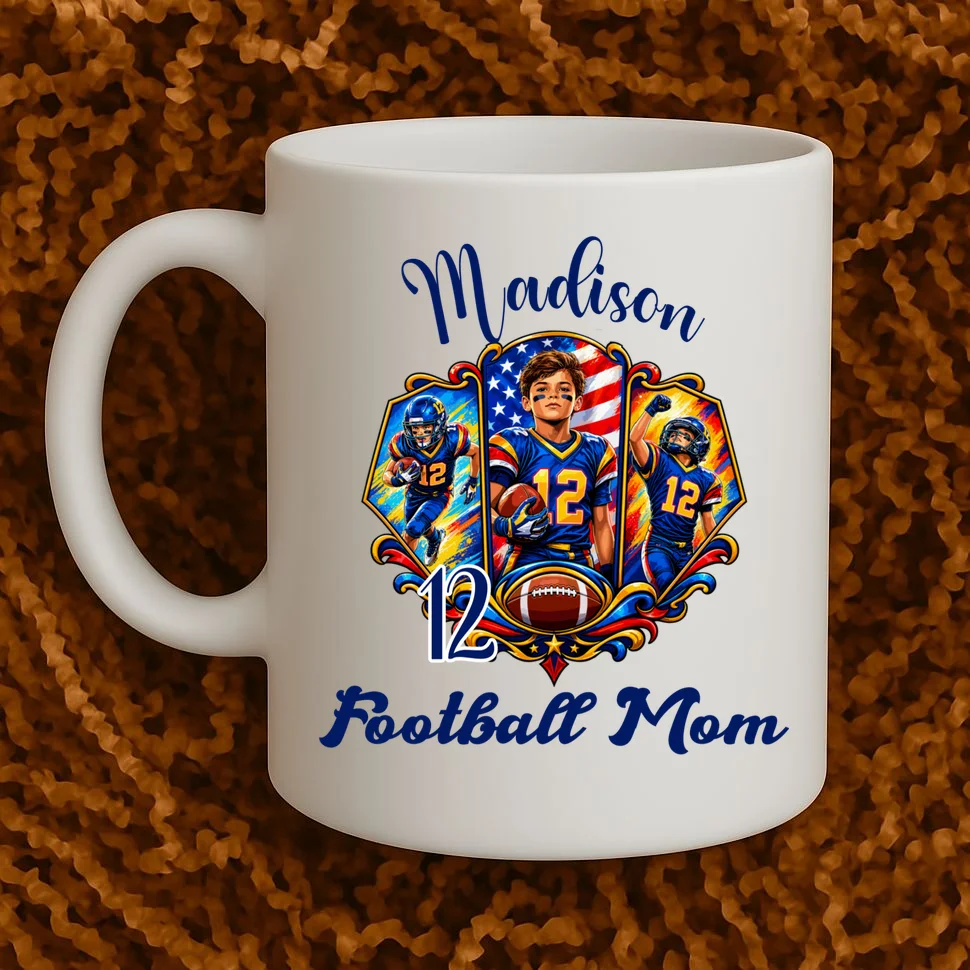 Personalized Football Championship Spirit Graphic -  Custom Name & Number Design Mug - Front 1