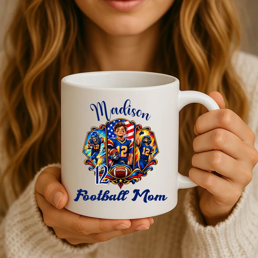 Personalized Football Championship Spirit Graphic -  Custom Name & Number Design Mug - Front 2