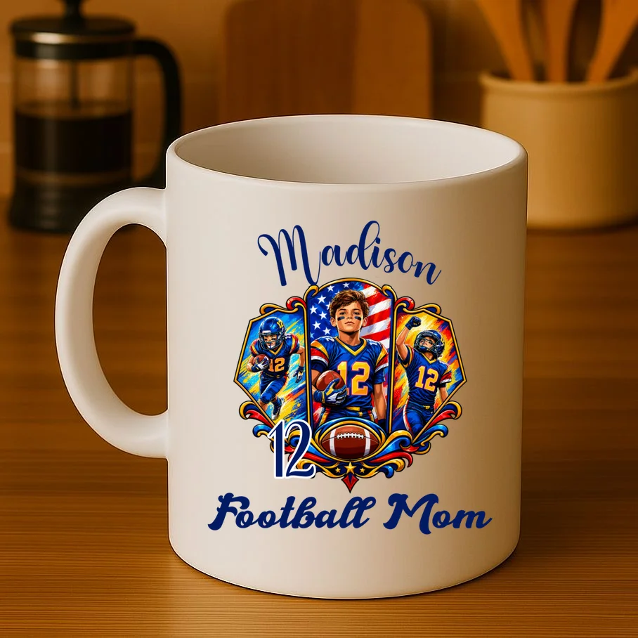 Personalized Football Championship Spirit Graphic -  Custom Name & Number Design Mug - Front 3