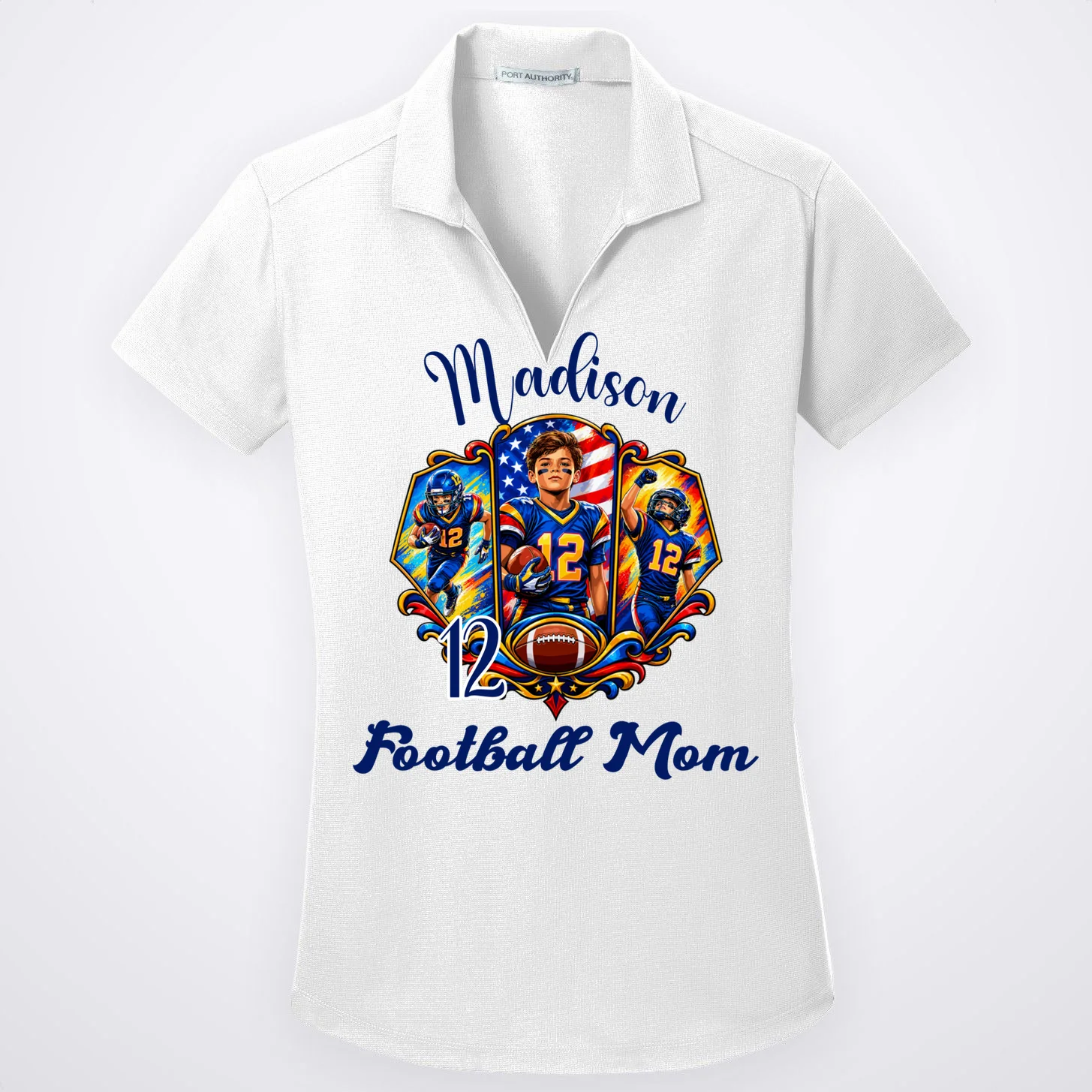 Personalized Football Championship Spirit Graphic -  Custom Name & Number Design Women's Polo Front