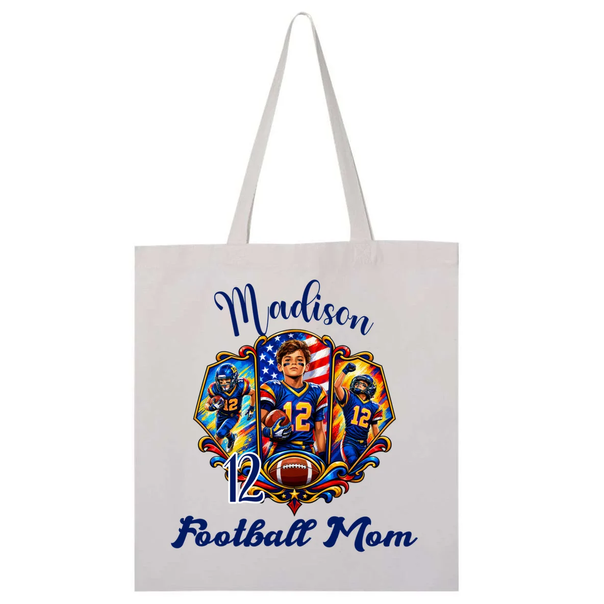 Personalized Football Championship Spirit Graphic -  Custom Name & Number Design Tote Bag Front