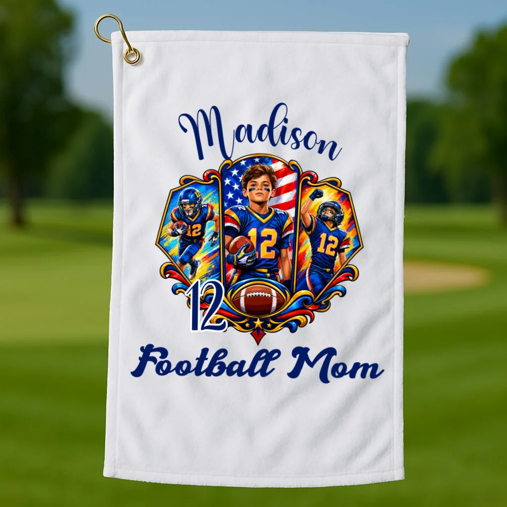 Personalized Football Championship Spirit Graphic -  Custom Name & Number Design Golf Towel - Front 1