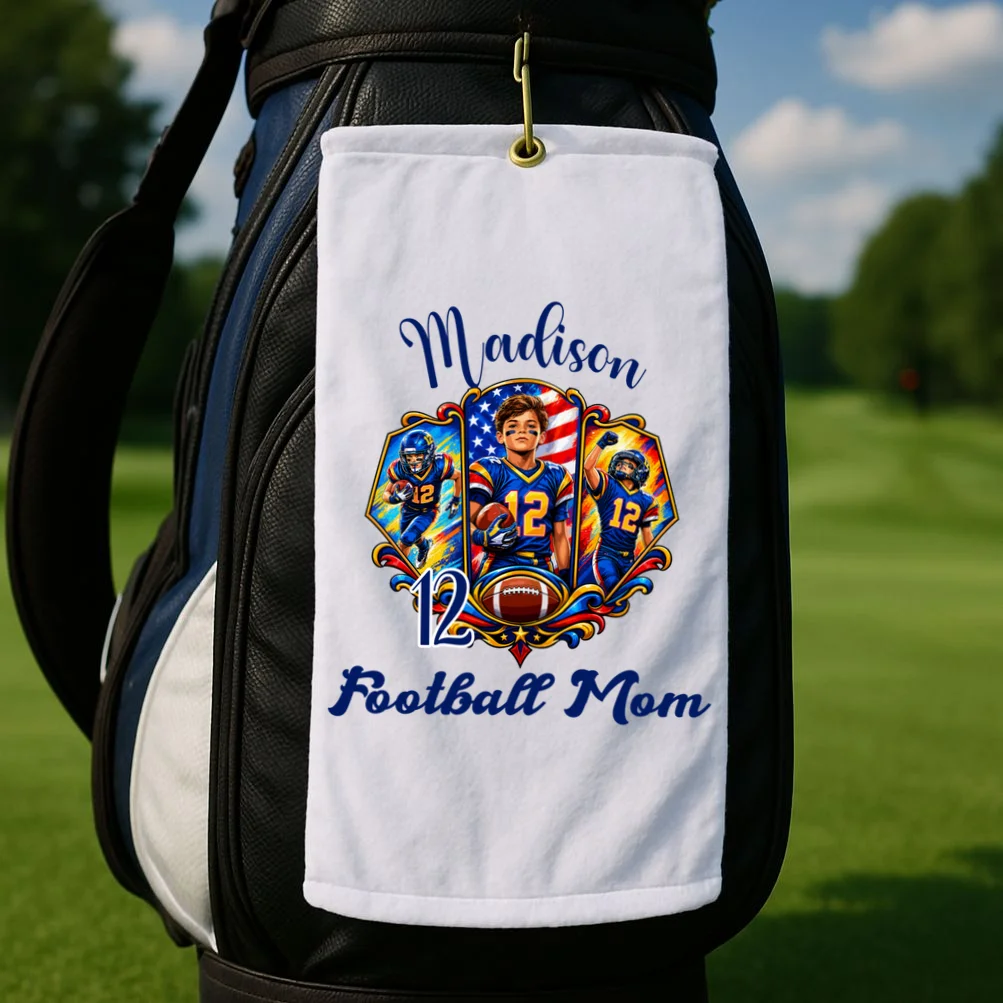 Personalized Football Championship Spirit Graphic -  Custom Name & Number Design Golf Towel - Front 2