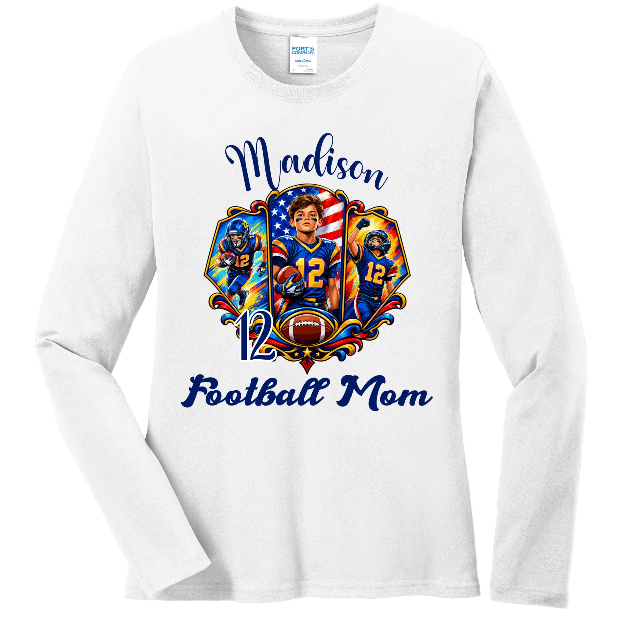 Personalized Football Championship Spirit Graphic -  Custom Name & Number Design Women's Long Sleeve Shirt Front