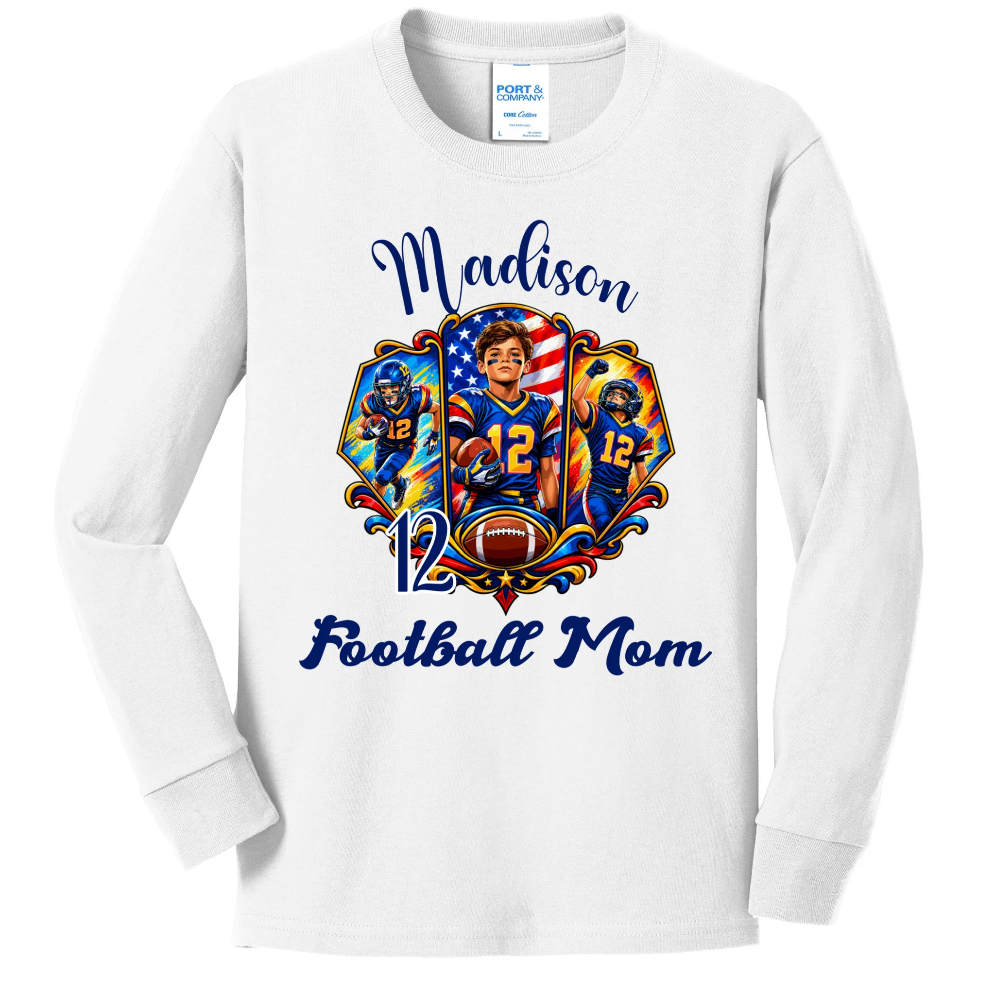 Personalized Football Championship Spirit Graphic -  Custom Name & Number Design Kids Long Sleeve Shirt Front