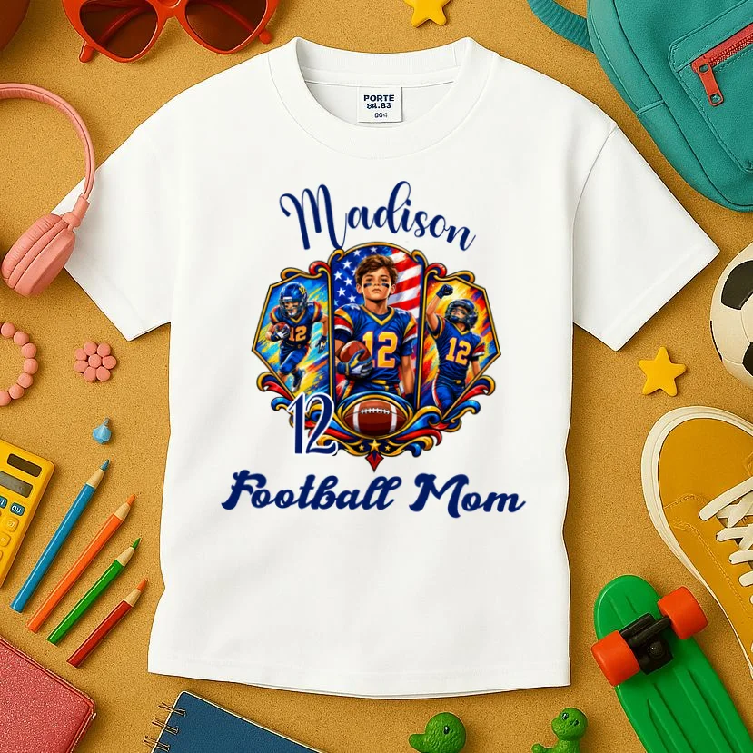 Personalized Football Championship Spirit Graphic -  Custom Name & Number Design Kids T-Shirt - Front 2