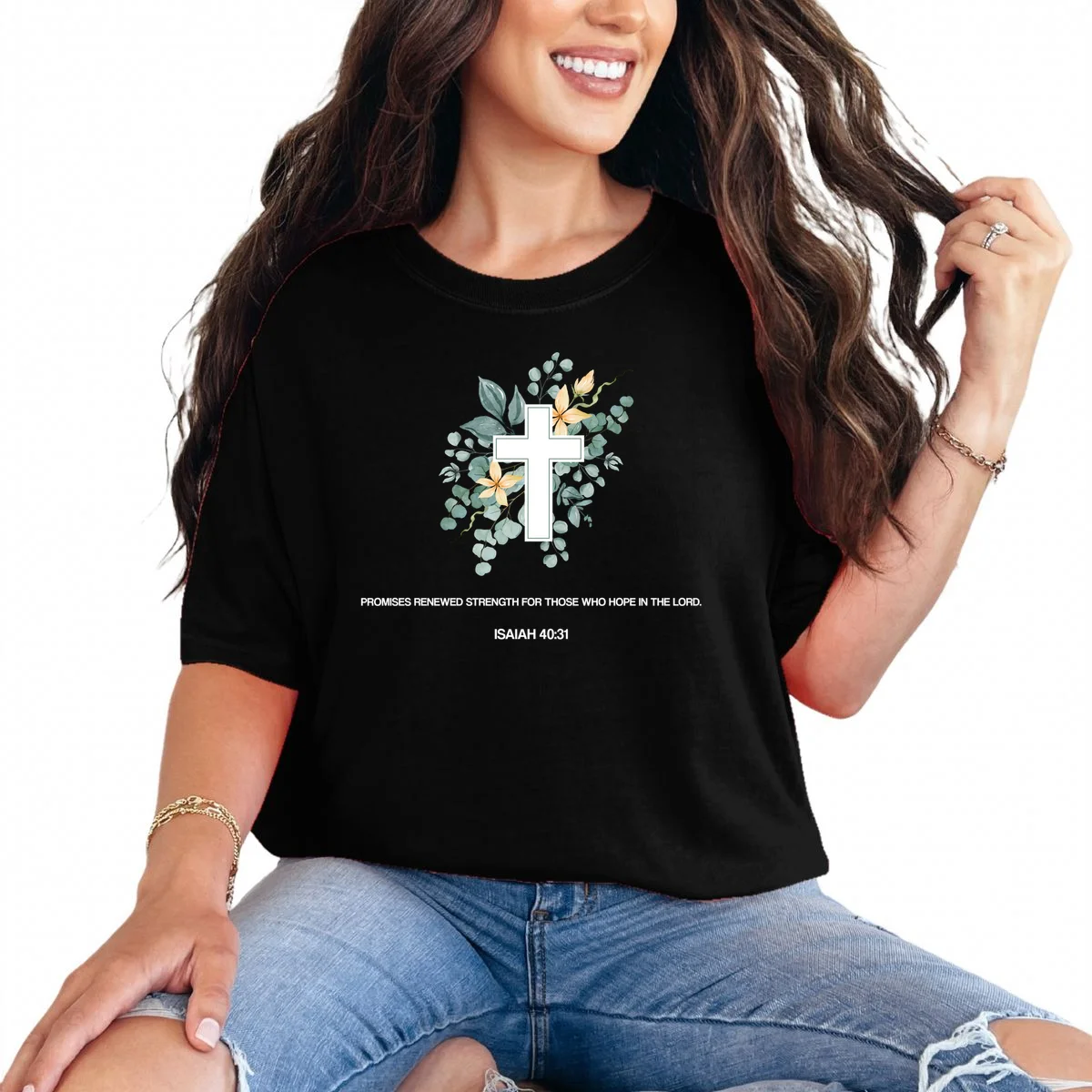 Floral Cross Christian Custom Bible Verse T-Shirt - Front