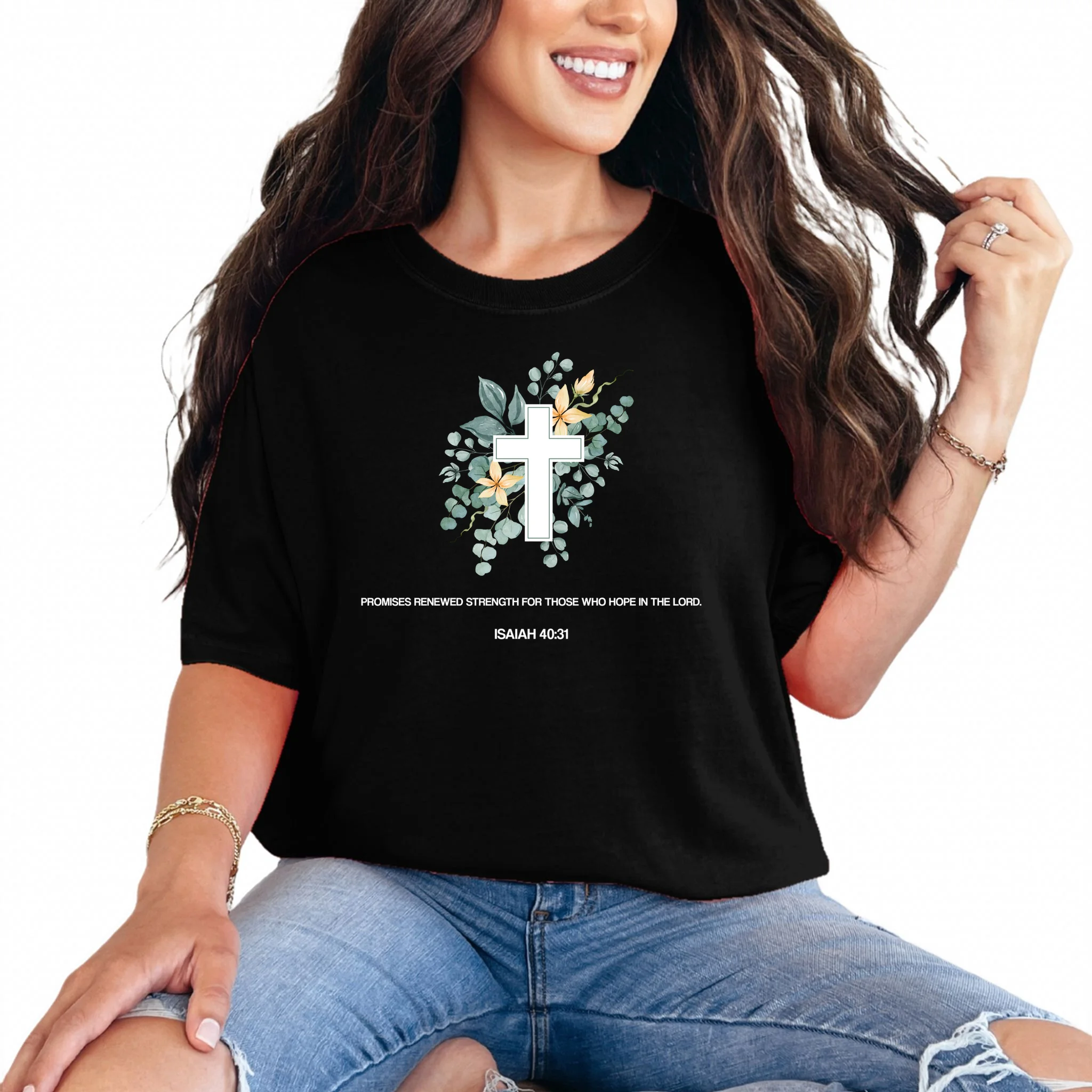 Floral Cross Christian Custom Bible Verse T-Shirt - Front