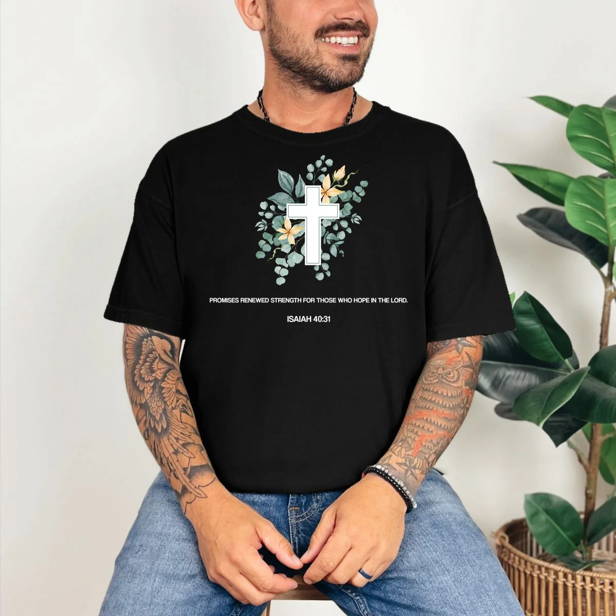 Floral Cross Christian Custom Bible Verse T-Shirt - Front 2