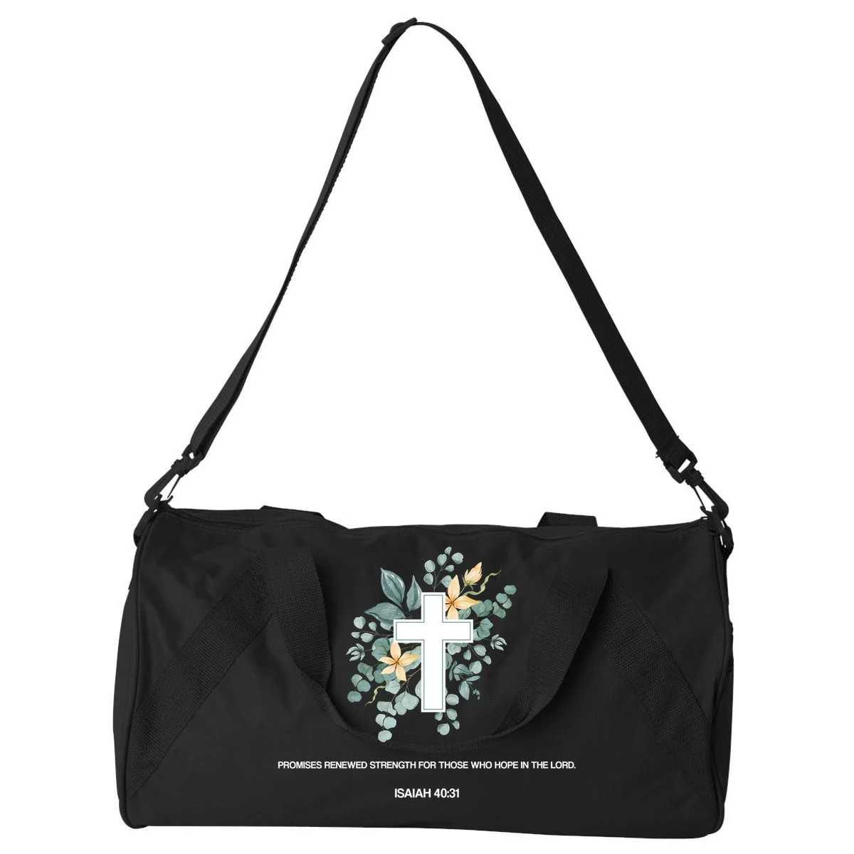 Floral Cross Christian Custom Bible Verse Duffel Bag - Front