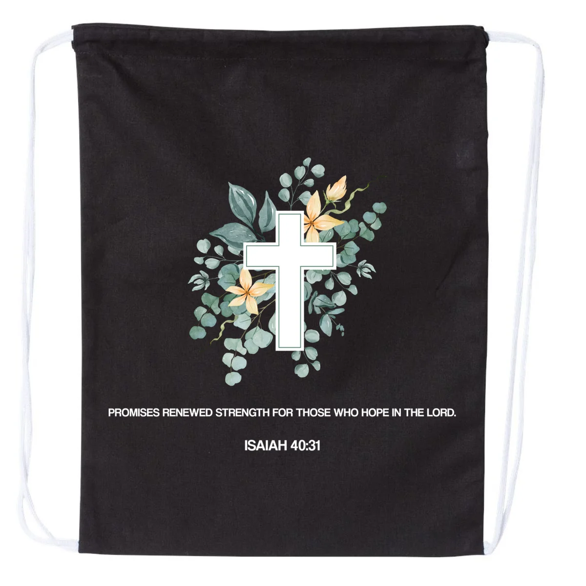 Floral Cross Christian Custom Bible Verse Drawstring Bag - Front