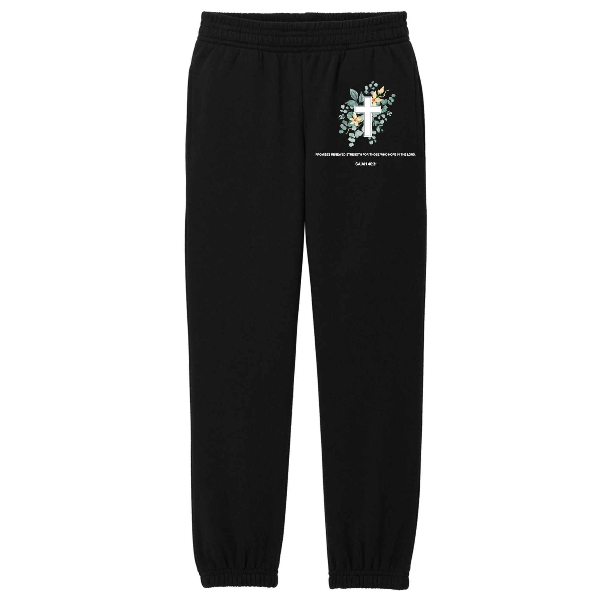 Floral Cross Christian Custom Bible Verse Kids Fleece Sweatpants - Front