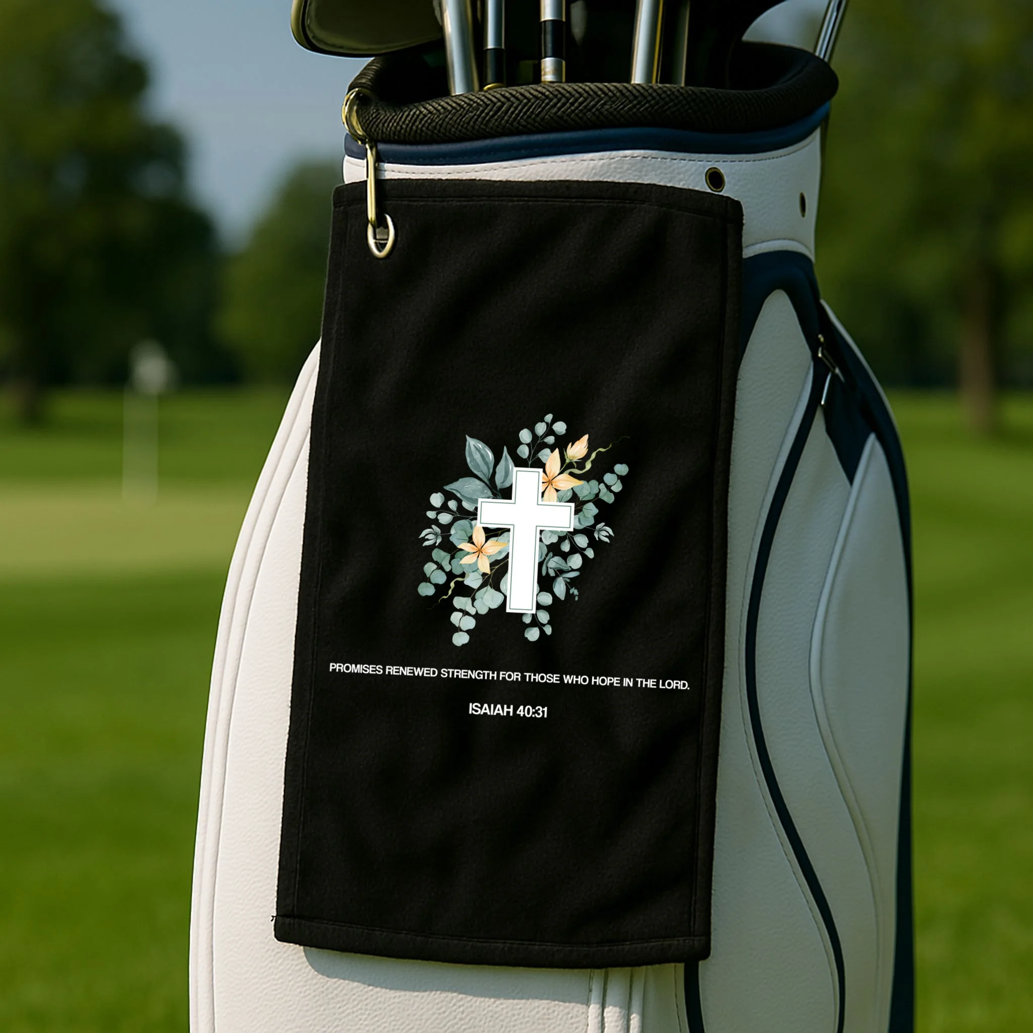 Floral Cross Christian Custom Bible Verse Golf Towel - Front 2