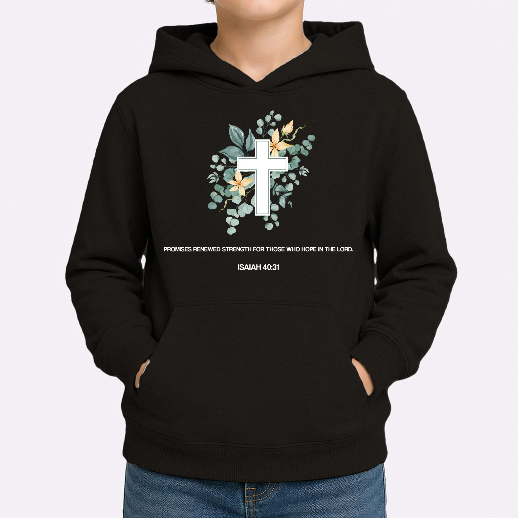 Floral Cross Christian Custom Bible Verse Kids Hoodie - Front 1