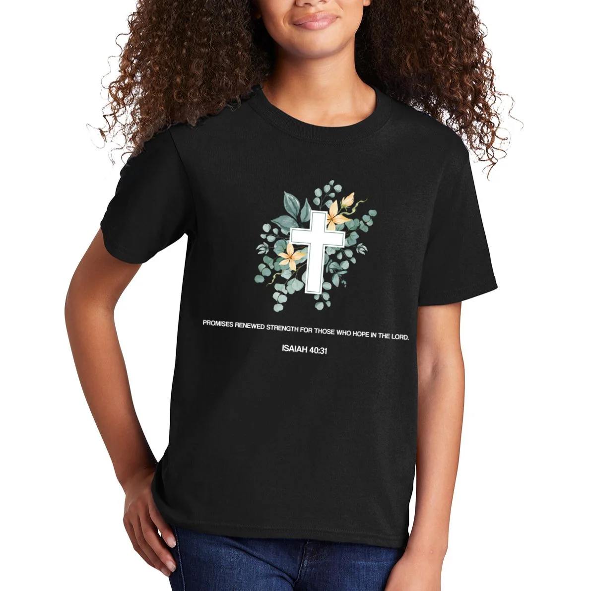Floral Cross Christian Custom Bible Verse Kids T-Shirt - Front 1