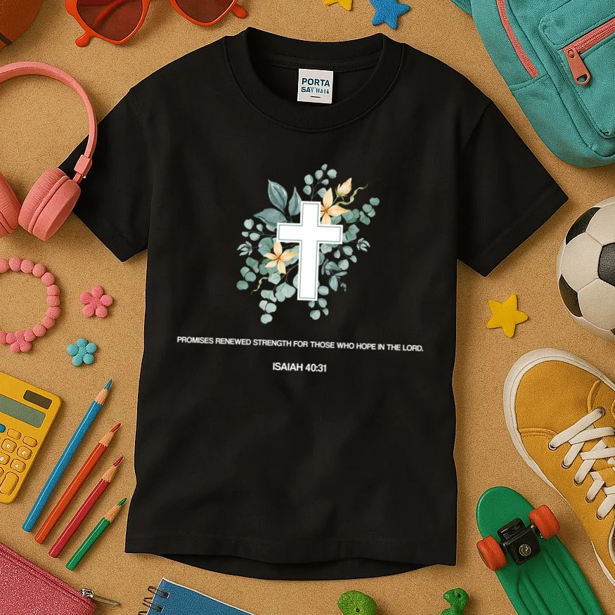 Floral Cross Christian Custom Bible Verse Kids T-Shirt - Front 2