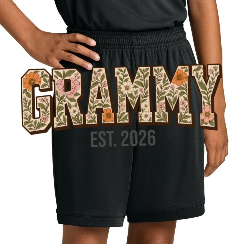 Floral Grandma Est. Year Personalized Gift - Custom Family Name Botanical Design Kids Shorts - Front 1