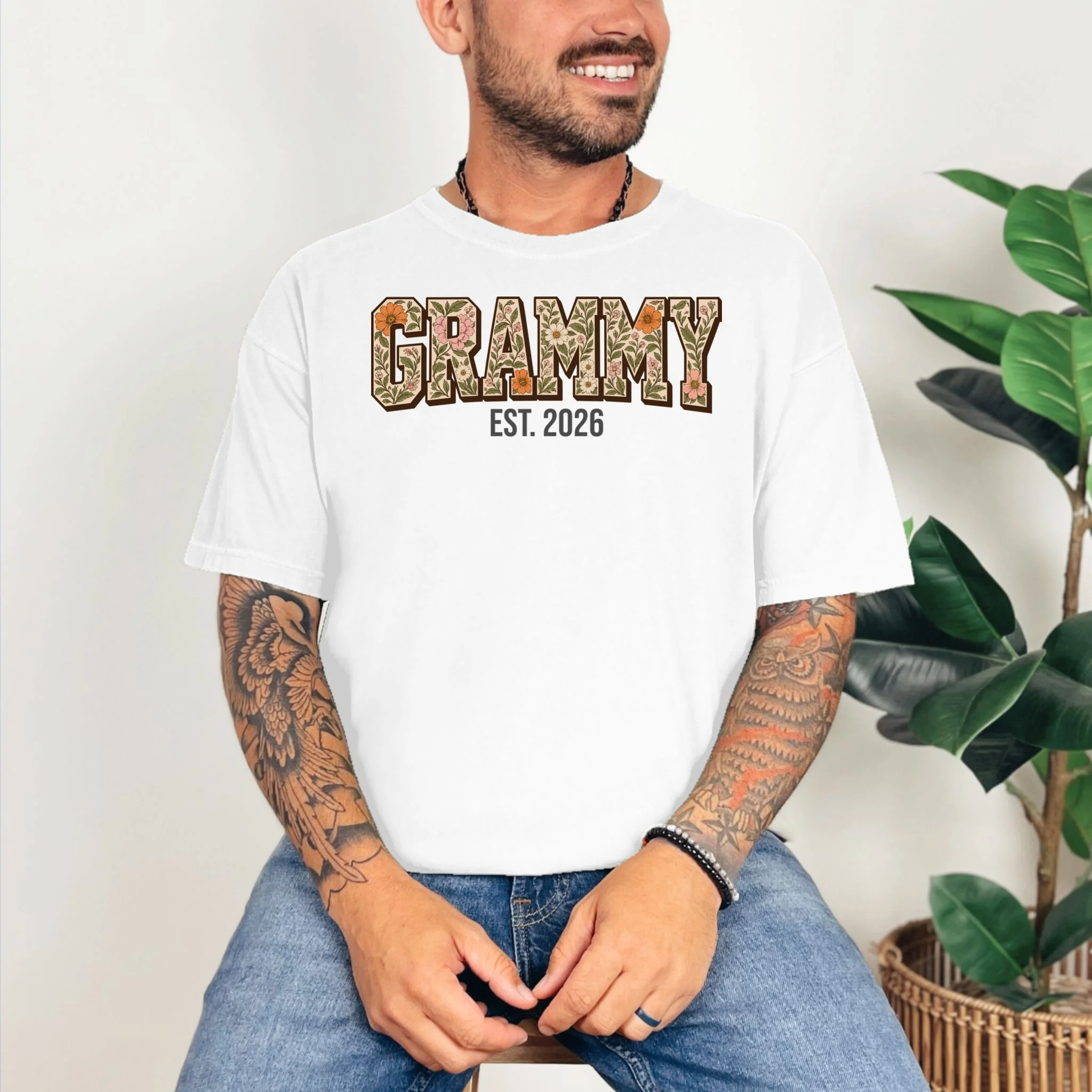 Floral Grandma Est. Year Personalized Gift - Custom Family Name Botanical Design Comfort Colors Unisex T-Shirt - Front 2