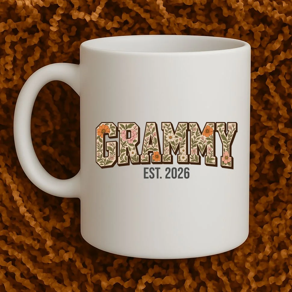 Floral Grandma Est. Year Personalized Gift - Custom Family Name Botanical Design Mug - Front 1