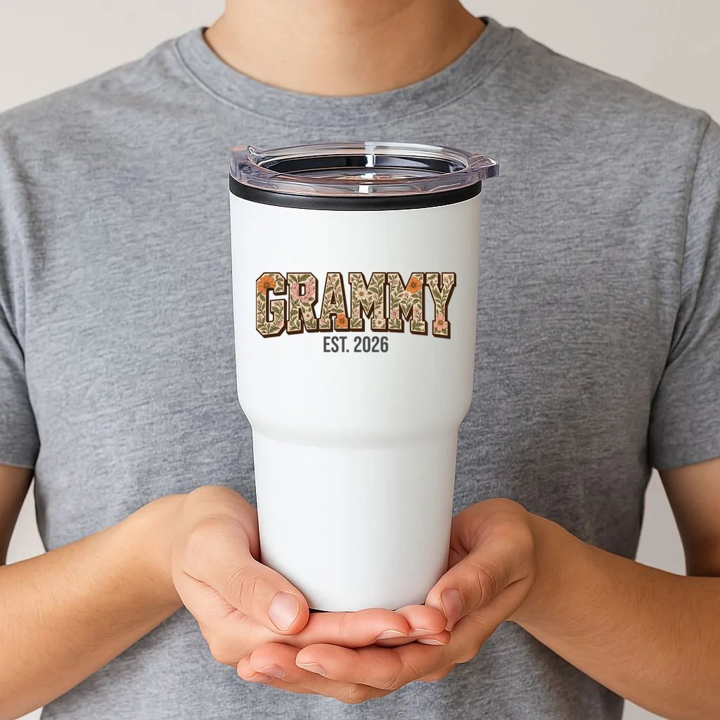 Floral Grandma Est. Year Personalized Gift - Custom Family Name Botanical Design 20oz Tumbler - Front 1