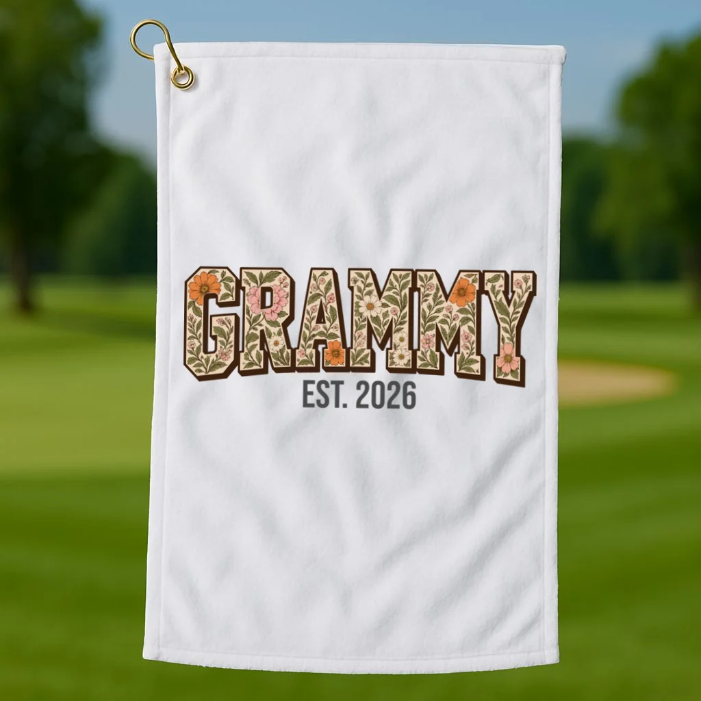 Floral Grandma Est. Year Personalized Gift - Custom Family Name Botanical Design Golf Towel - Front 1