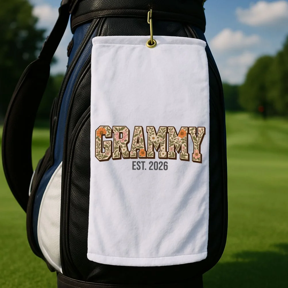 Floral Grandma Est. Year Personalized Gift - Custom Family Name Botanical Design Golf Towel - Front 2