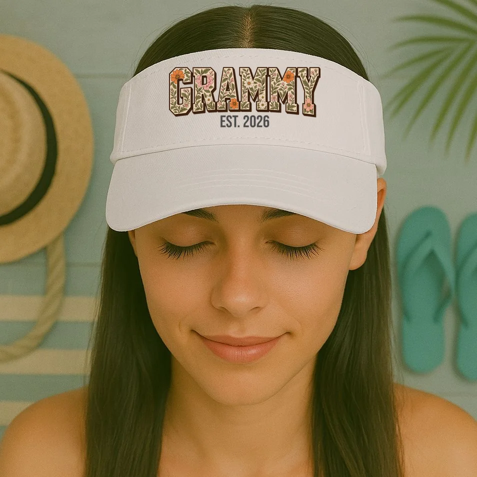 Floral Grandma Est. Year Personalized Gift - Custom Family Name Botanical Design Visor - Front 1