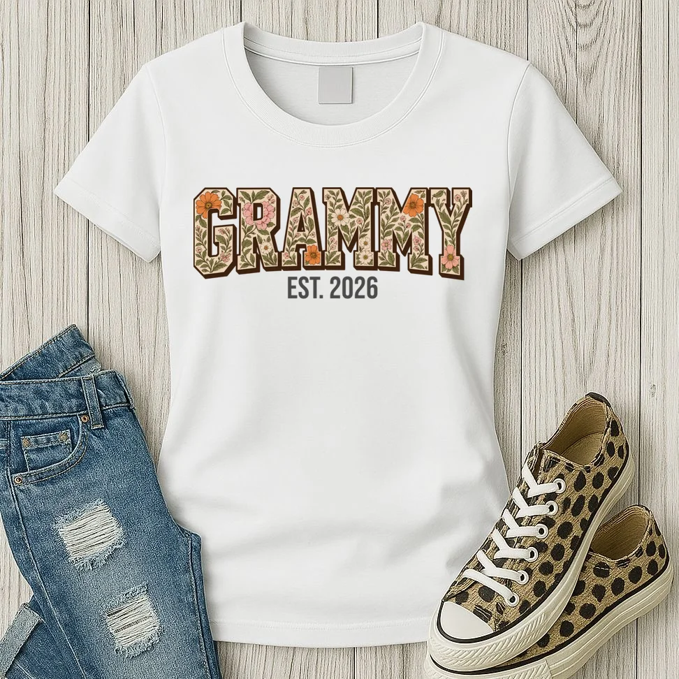 Floral Grandma Est. Year Personalized Gift - Custom Family Name Botanical Design Women's T-Shirt - Front 2