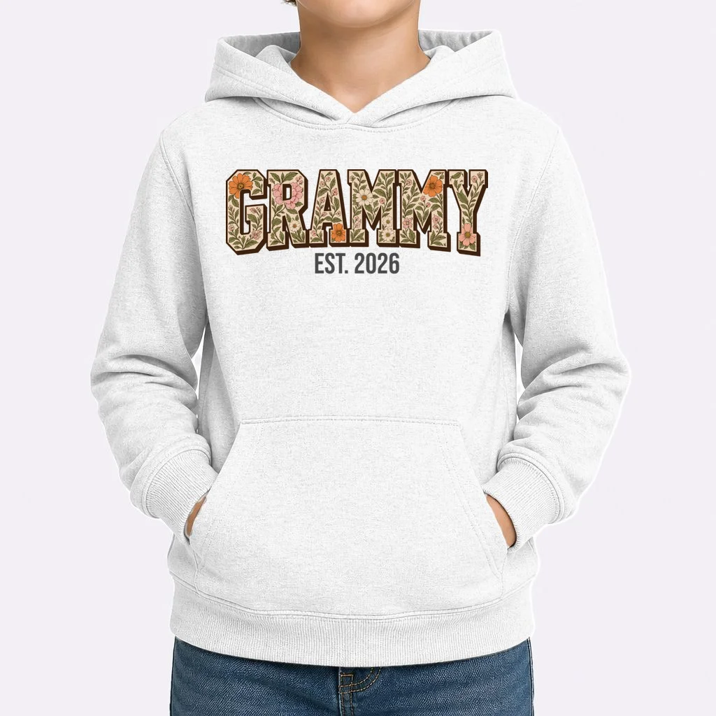 Floral Grandma Est. Year Personalized Gift - Custom Family Name Botanical Design Kids Hoodie - Front 1