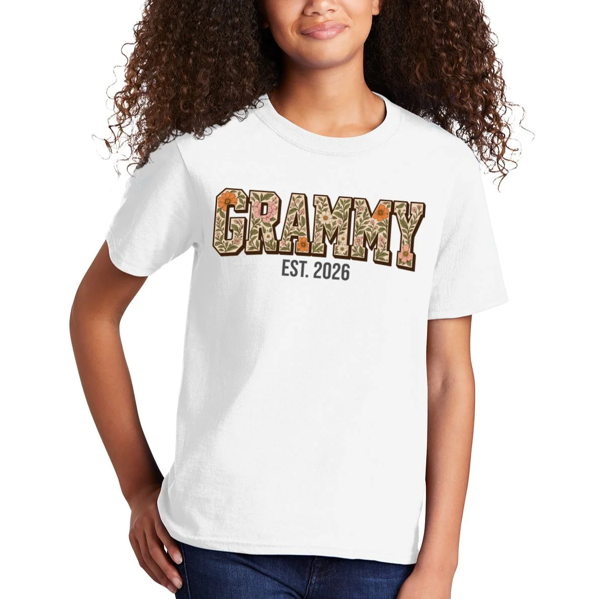 Floral Grandma Est. Year Personalized Gift - Custom Family Name Botanical Design Kids T-Shirt - Front 1